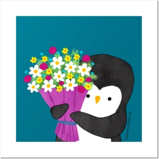 Penguin with Flowers Posters and Art